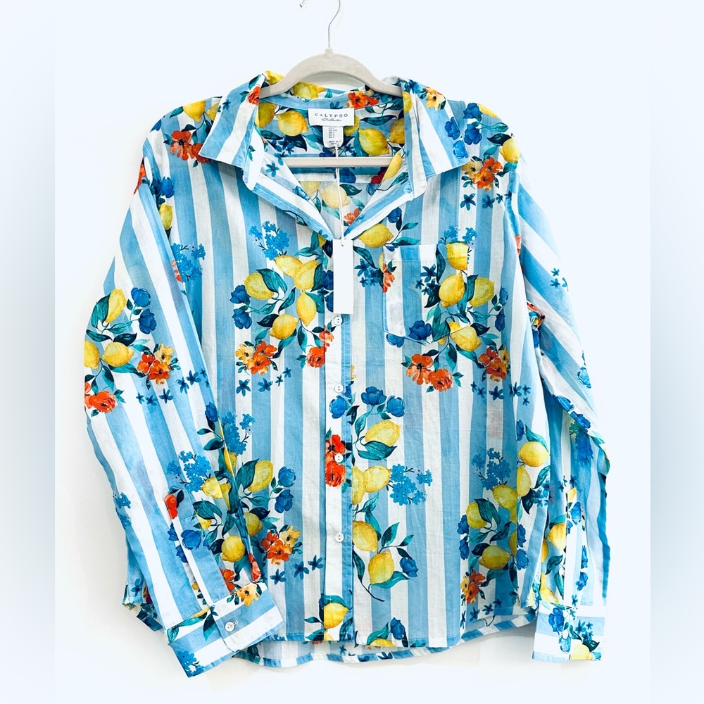 Calypso St. Barth Lemon Blue Striped Button Down Shirt NWT Size Medium